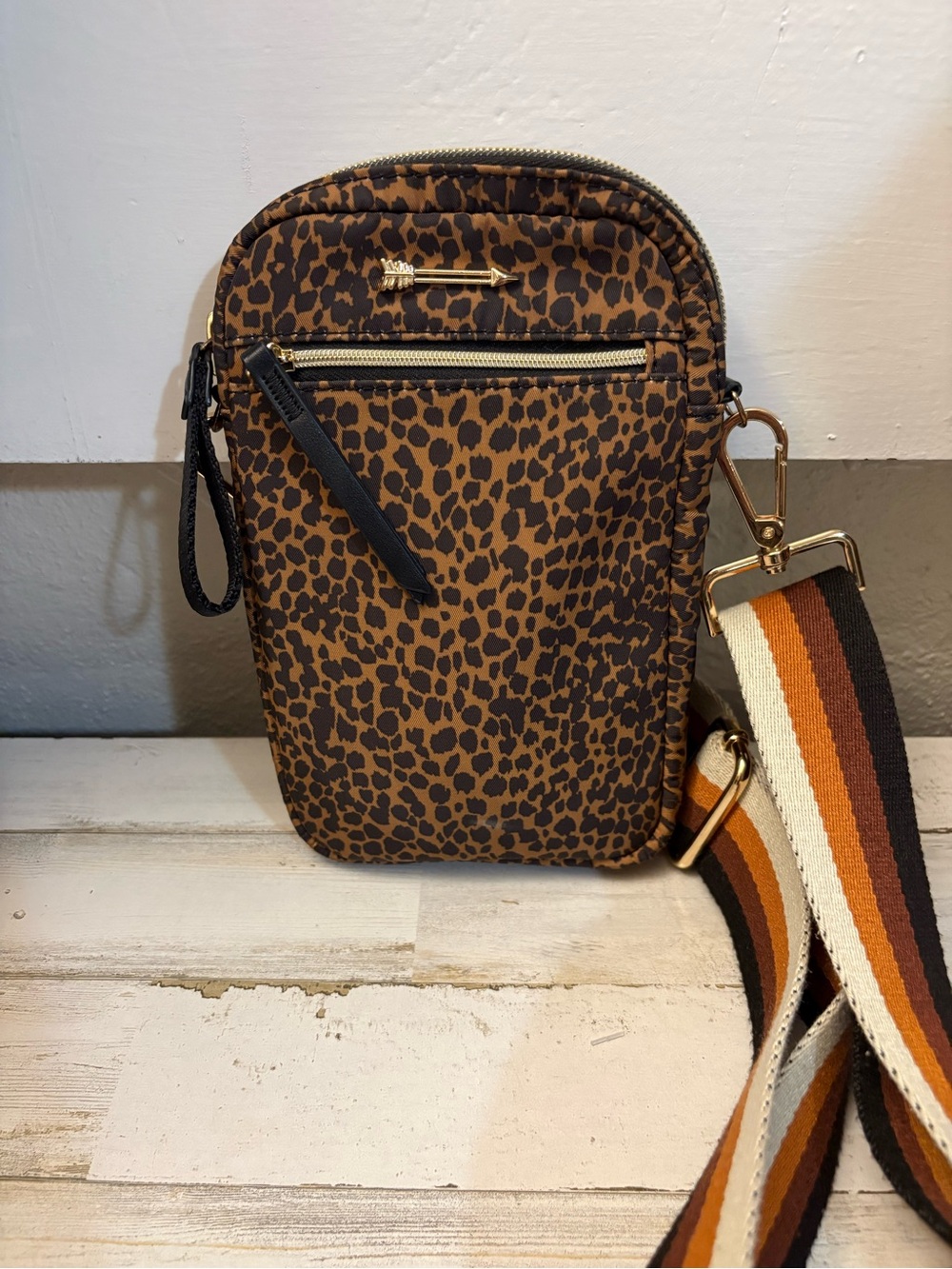 Stella and Dot Leopard Print Crossbody Phone Bag with Striped Strap - Brown